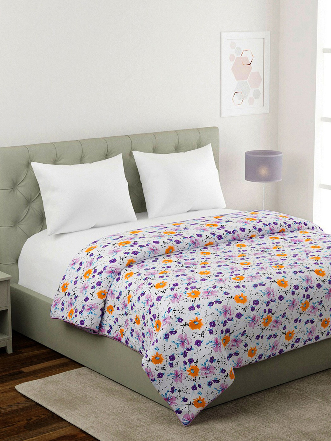 KLOTTHE White & Blue Floral Mild Winter 210 GSM Double Bed Dohar