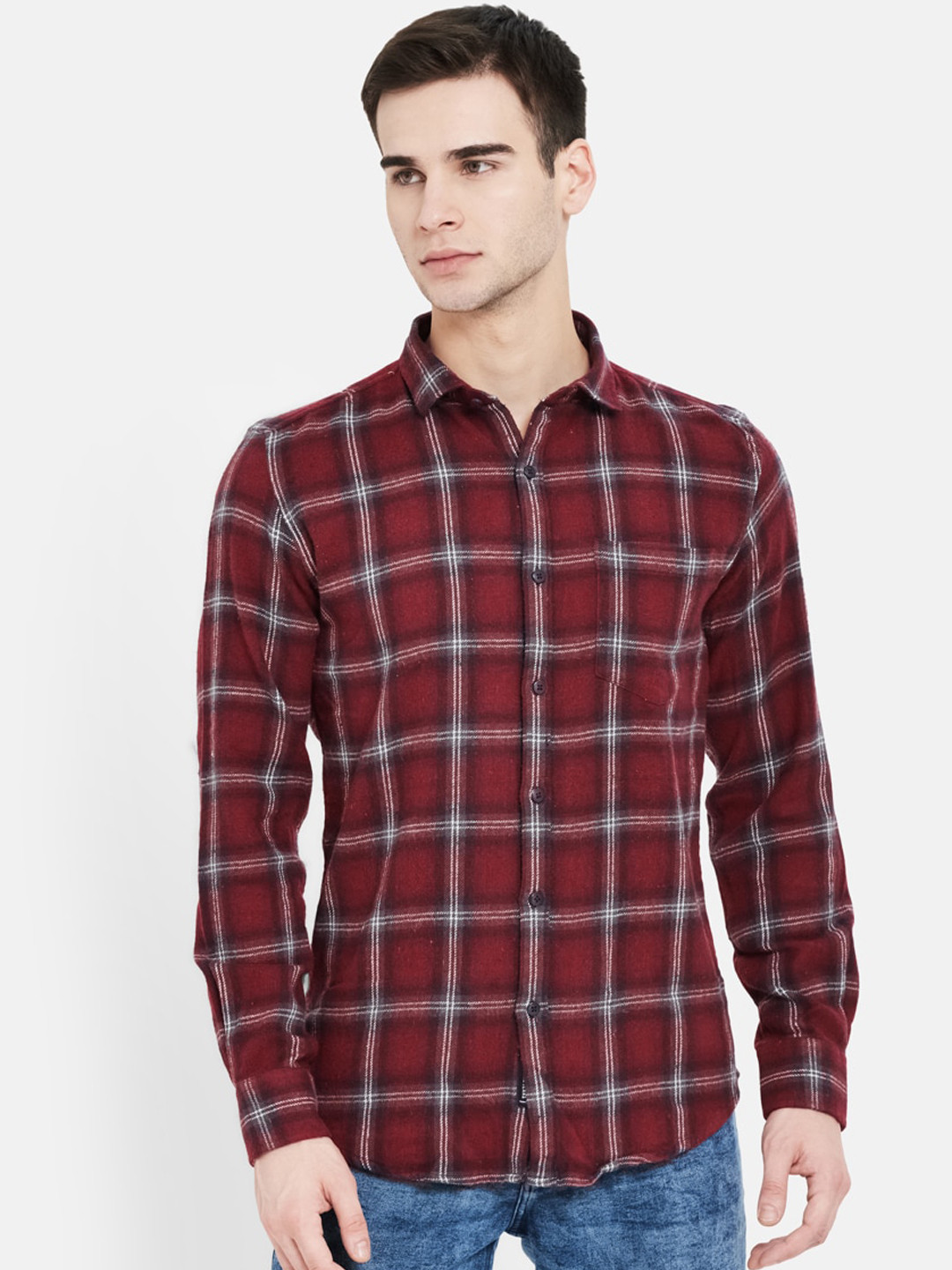 METTLE Men Maroon & White Tartan Checks Opaque Cotton Casual Shirt