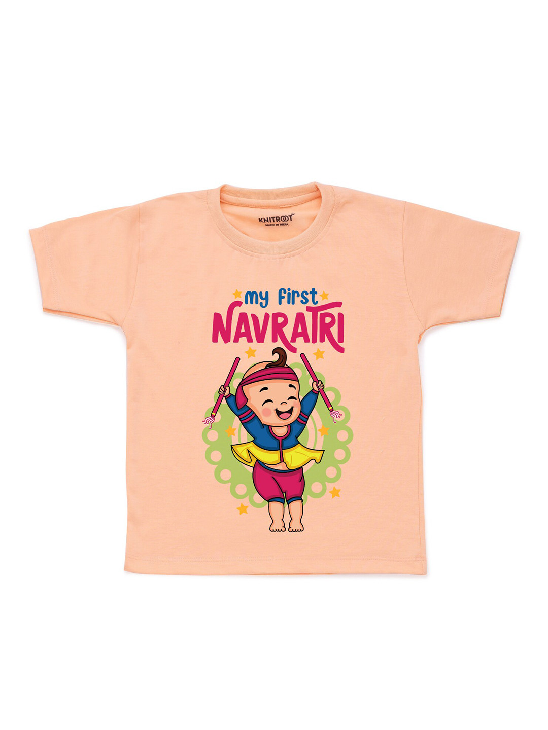 KNITROOT Unisex Kids Peach-Coloured & Pink Printed T-shirt