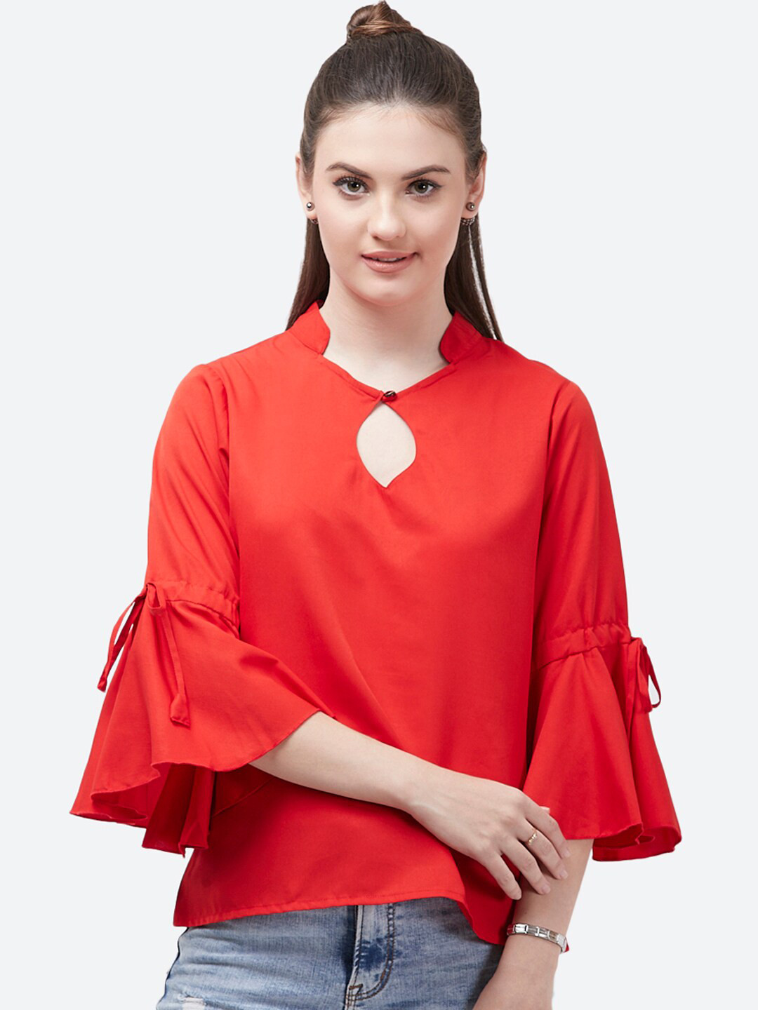 Indietoga Red Keyhole Neck Crepe Regular Top