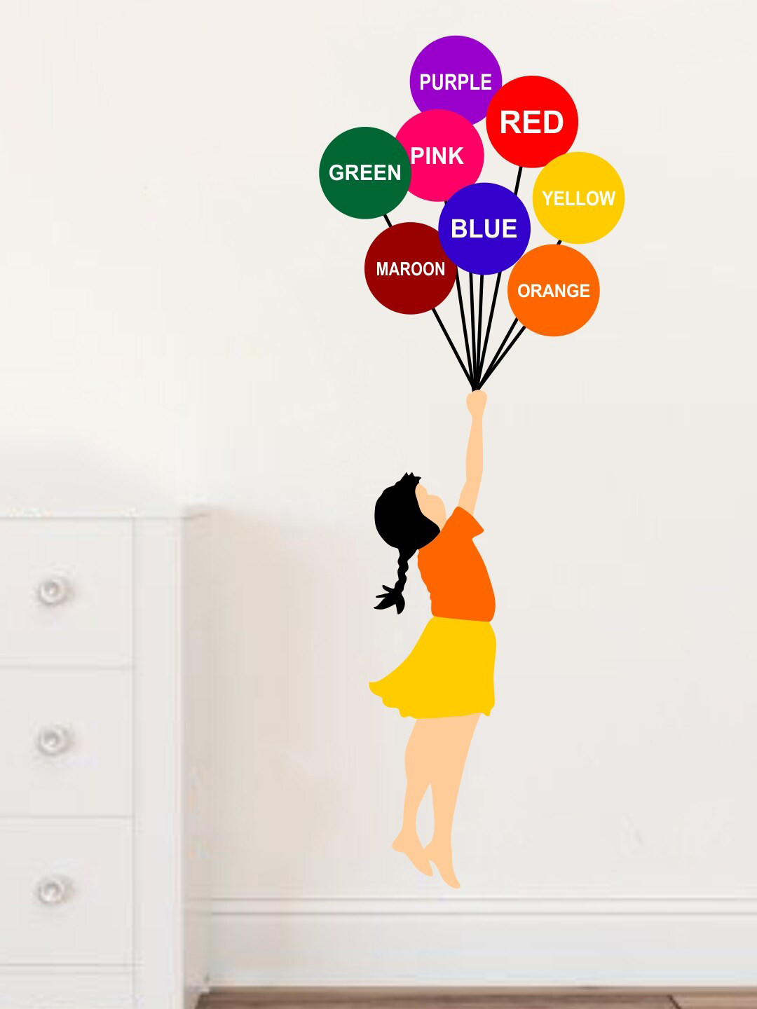 decal O decal Kids Orangs & Black Girl With Balloon & Its Colour Names Wall Sticker