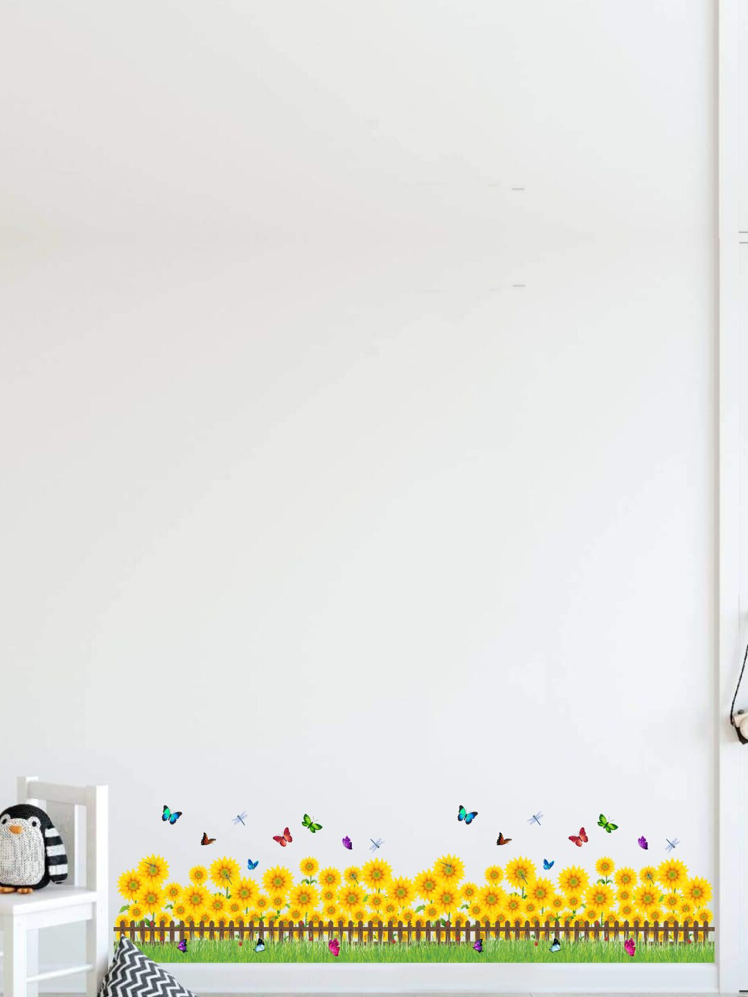 decal O decal Yellow & Green Sunflower Garden With Colourful Butterflies Wall Sticker