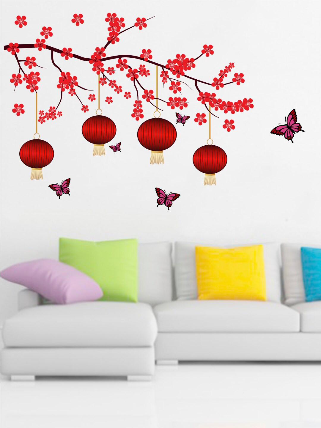 decal O decal Kids Red & Black Chinese Lamps With Butterflies Self Adhesive Wall Poster