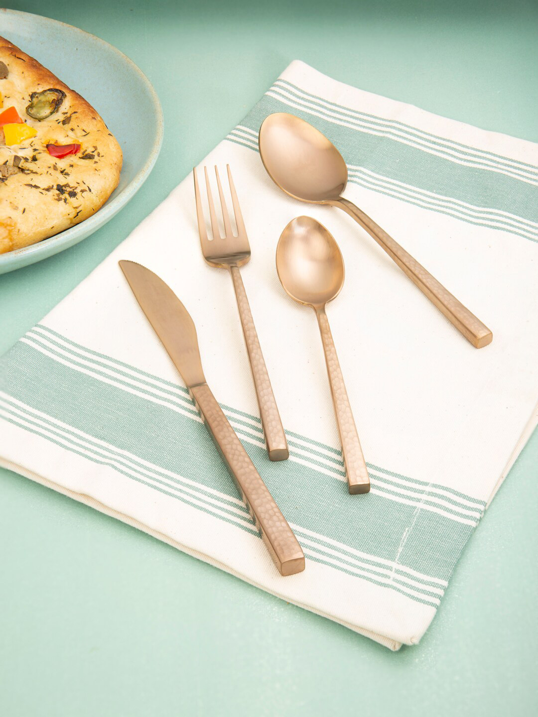 ellementry Set of 4 Rose Gold-Toned Stainless Steel Hammered Cutlery Set