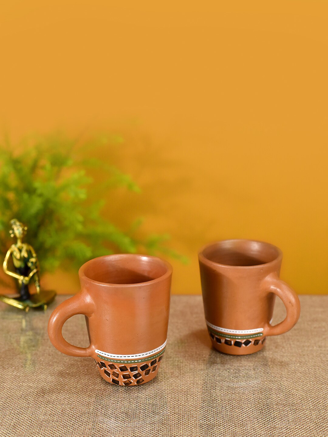 AAKRITI ART CREATIONS Sarvottam Beige Geometric Earthen Clay Handmade 2 Piece Mugs-250ml