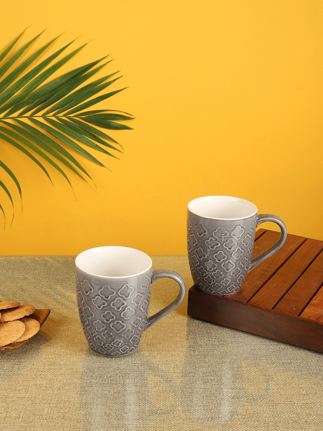 AAKRITI ART CREATIONS Grey Geometric Ceramic Microwave Safe 2 Piece Mugs-315ml