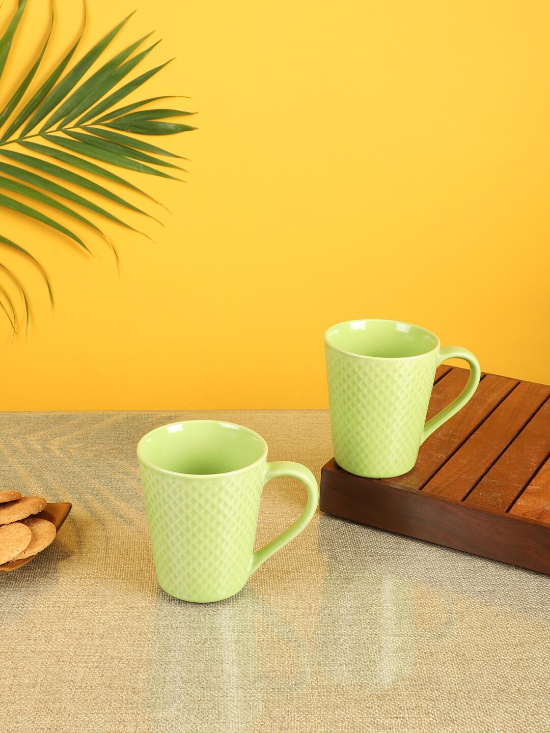 AAKRITI ART CREATIONS Green Textured Ceramic Glossy Mugs Set of 2 Cups and Mugs