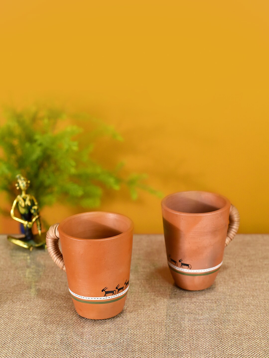 AAKRITI ART CREATIONS Beige Animal Print Terracotta Microwave Safe 2 Piece Mugs-300ml