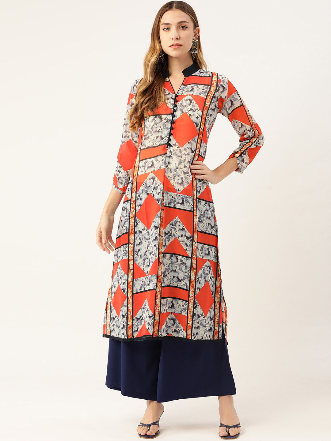 Magnetic Designs Women Orange Geometric Printed Georgette Kurta