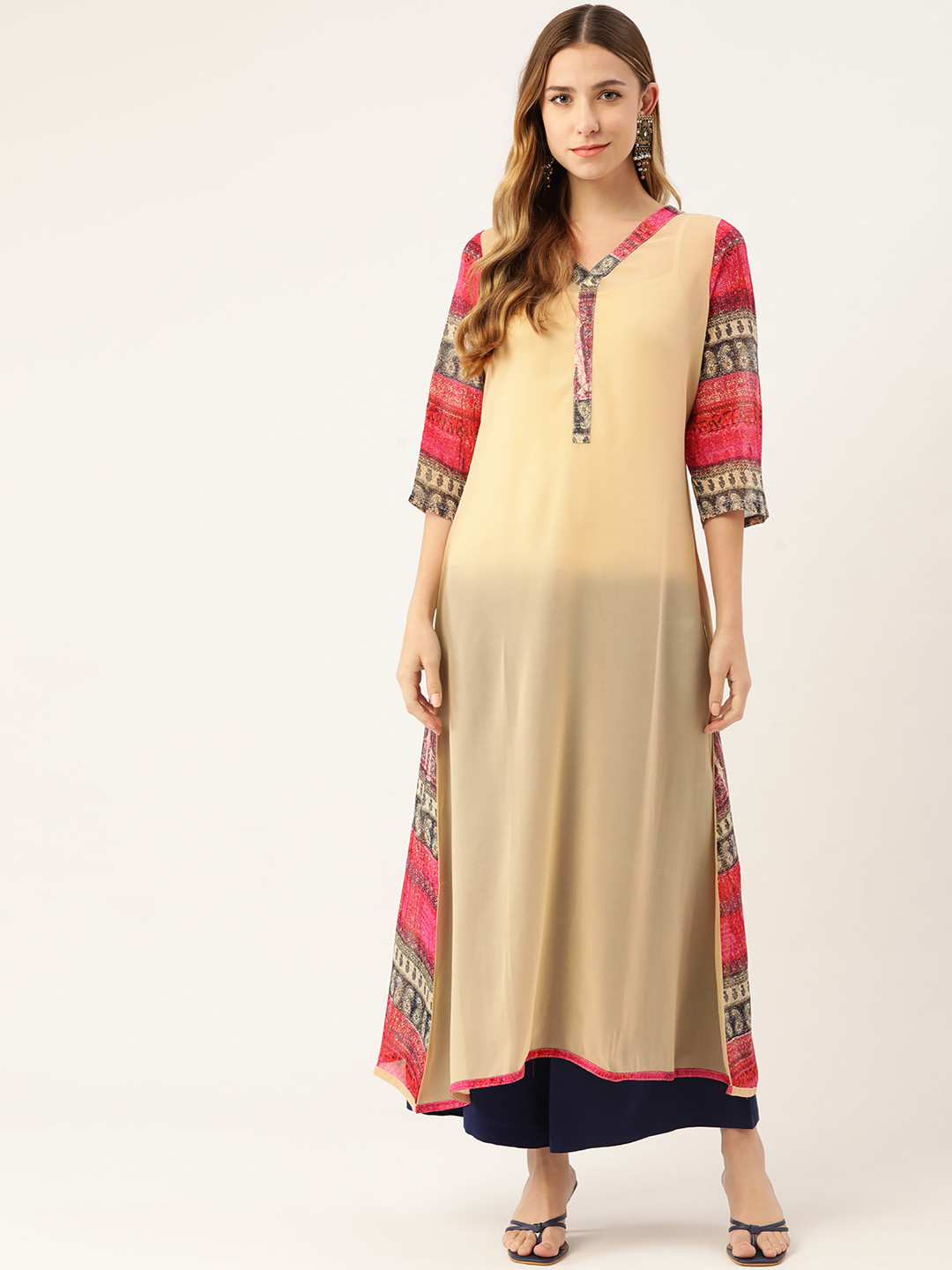 Magnetic Designs Women Beige & Pink Georgette Kurta