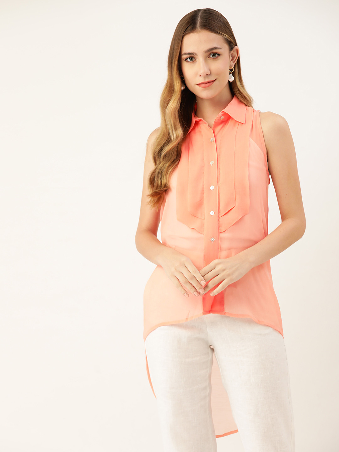 Magnetic Designs Peach-Coloured Chiffon Shirt Style Top