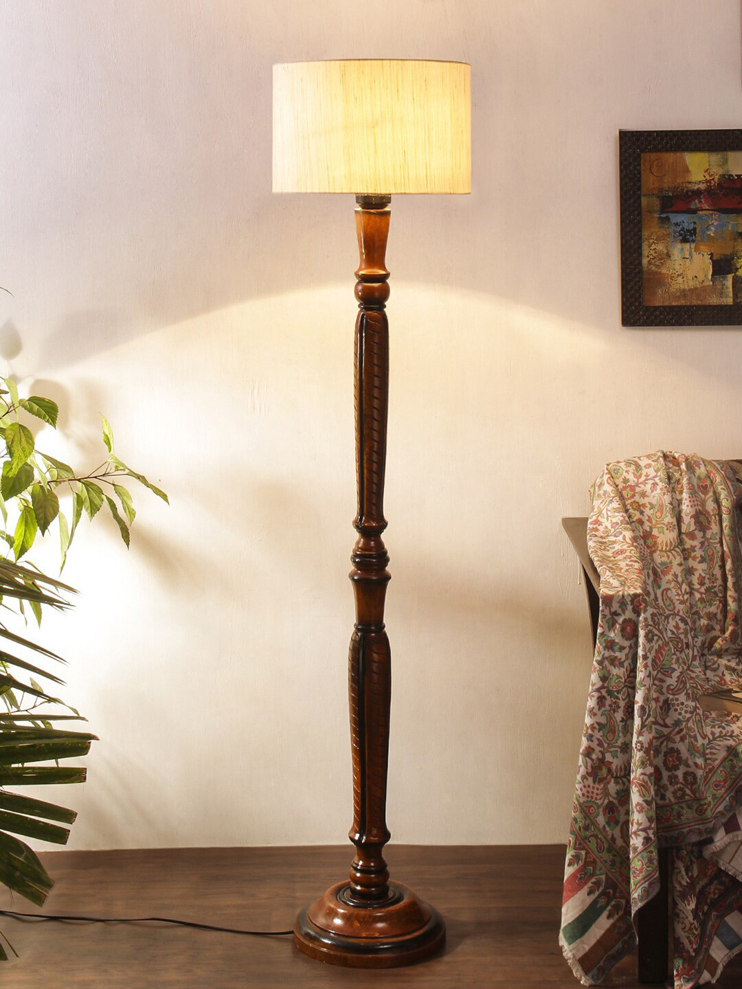 Devansh Off-White & Brown Traditional Floor Lamp With Cotton Cylindrical Shade