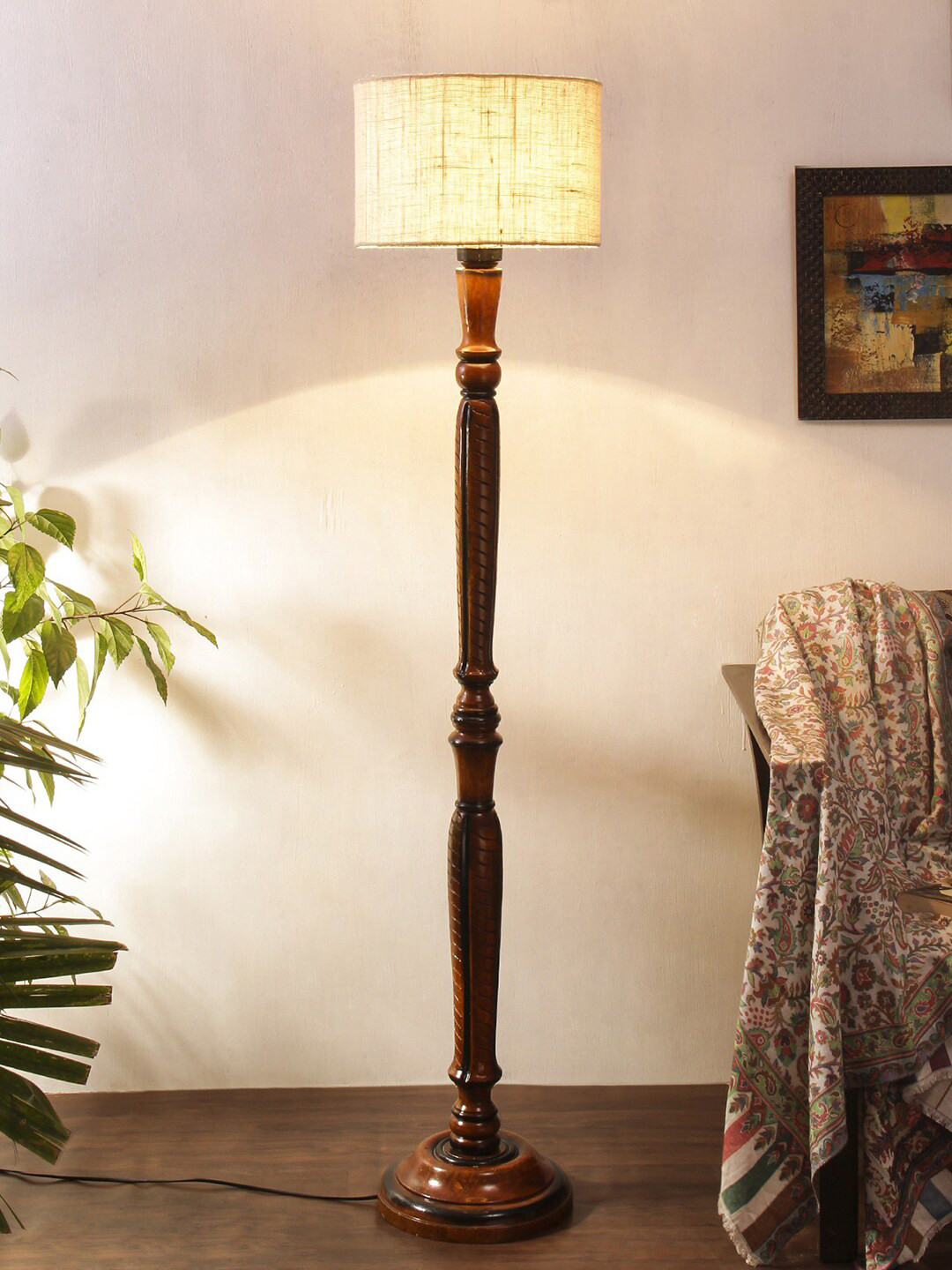 Devansh White & Brown Traditional Floor Lamp With Jute Cylindrical Shade