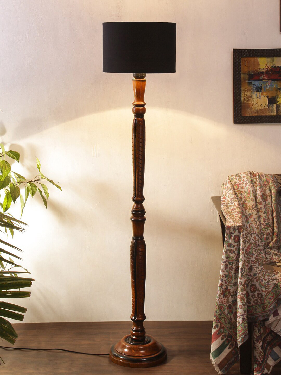 Devansh Black & Brown Traditional Floor Lamp With Cotton Cylindrical Shade