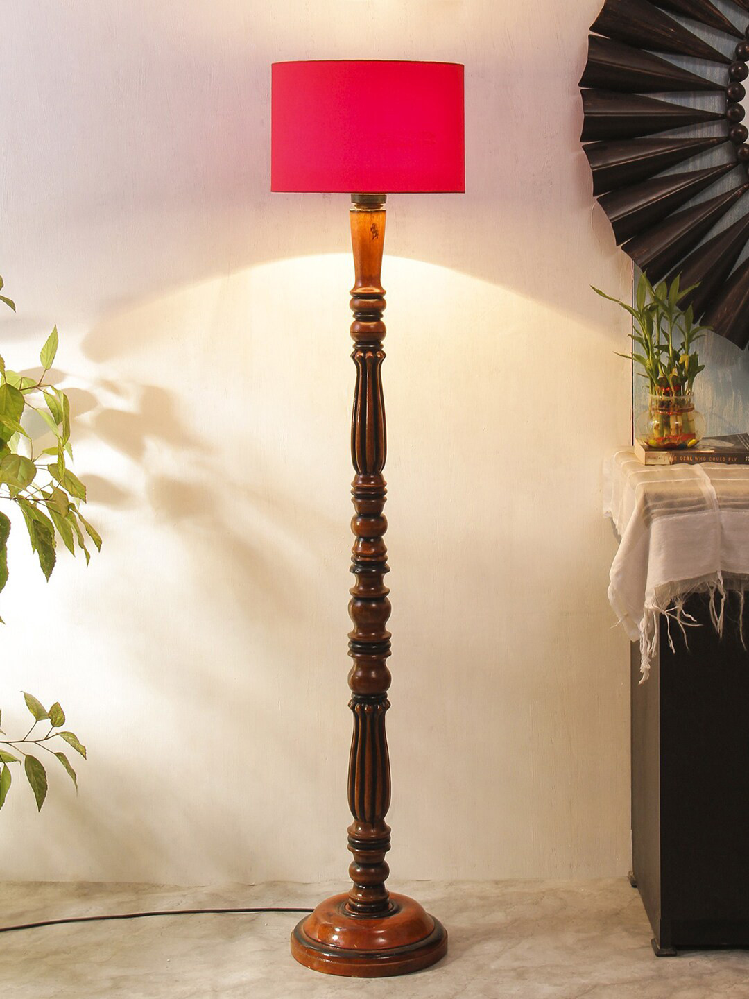 Devansh Red & Black Traditional Wood Floor Lamp With Cotton Cylindrical Shade