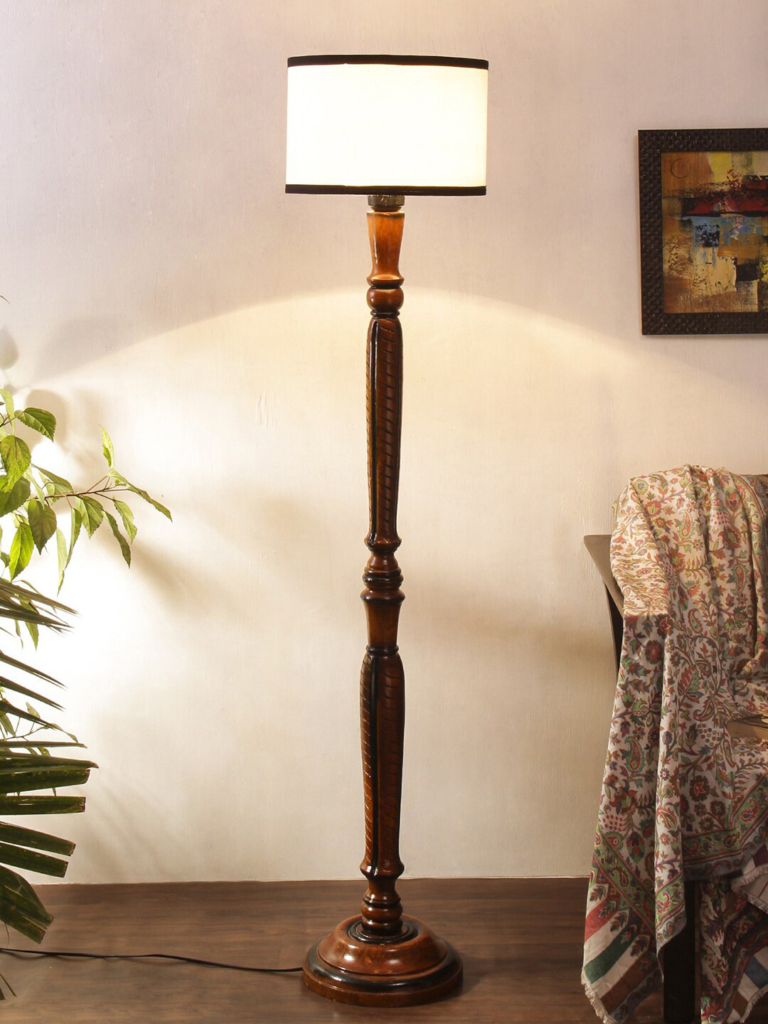 Devansh White & Brown Fabric Traditional Floor Lamp with Shade