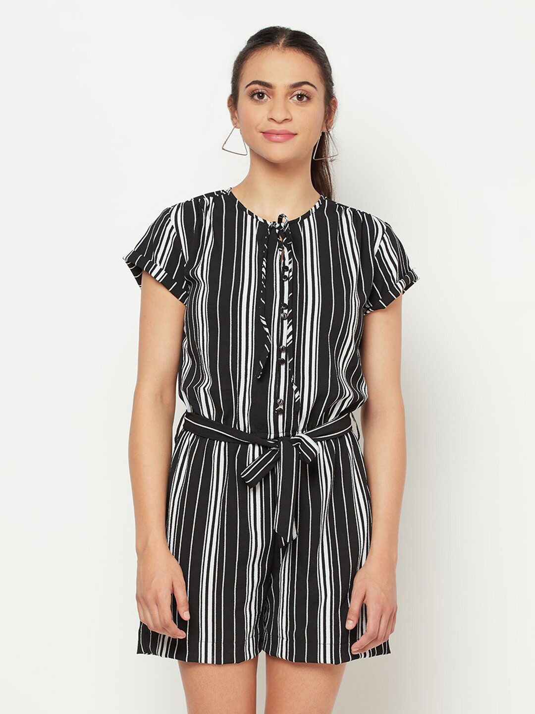 SQew Woman Black & White Striped Basic Jumpsuit