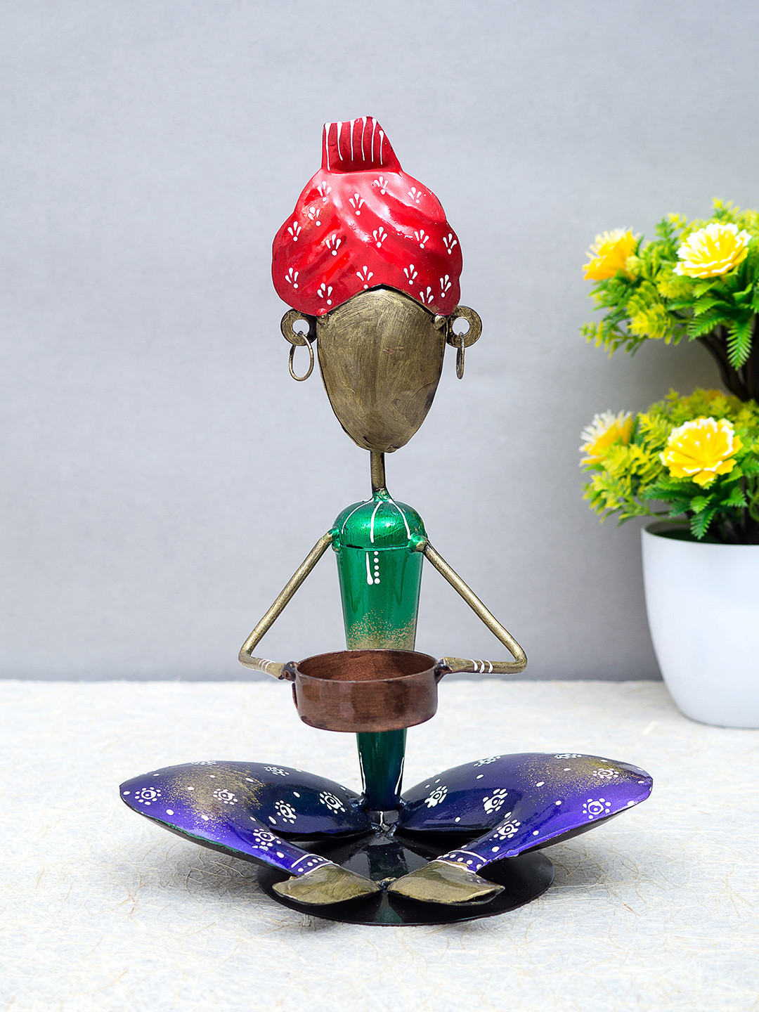 Golden Peacock Sitting Turban Man Green Metal Metallic Living Room Hand-Crafted Medium Showpiece - 7.9 Inches