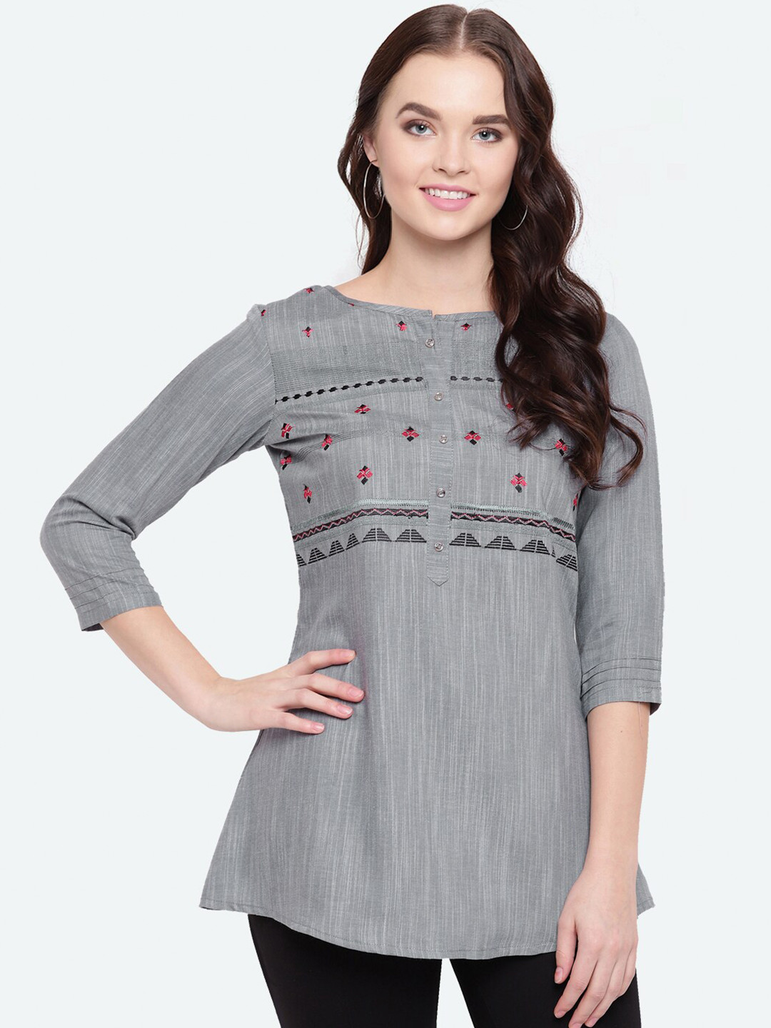 Kvsfab Grey & Pink Boat Neck Embroidered Tunic