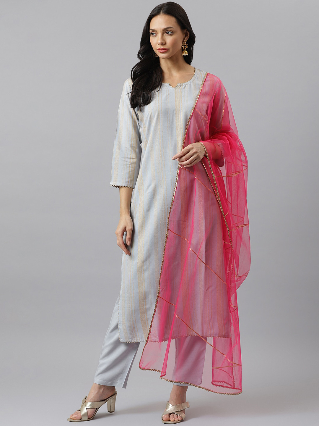 Stylum Women Grey & Pink Striped Regular Gotta Patti Kurta with Trousers & Dupatta