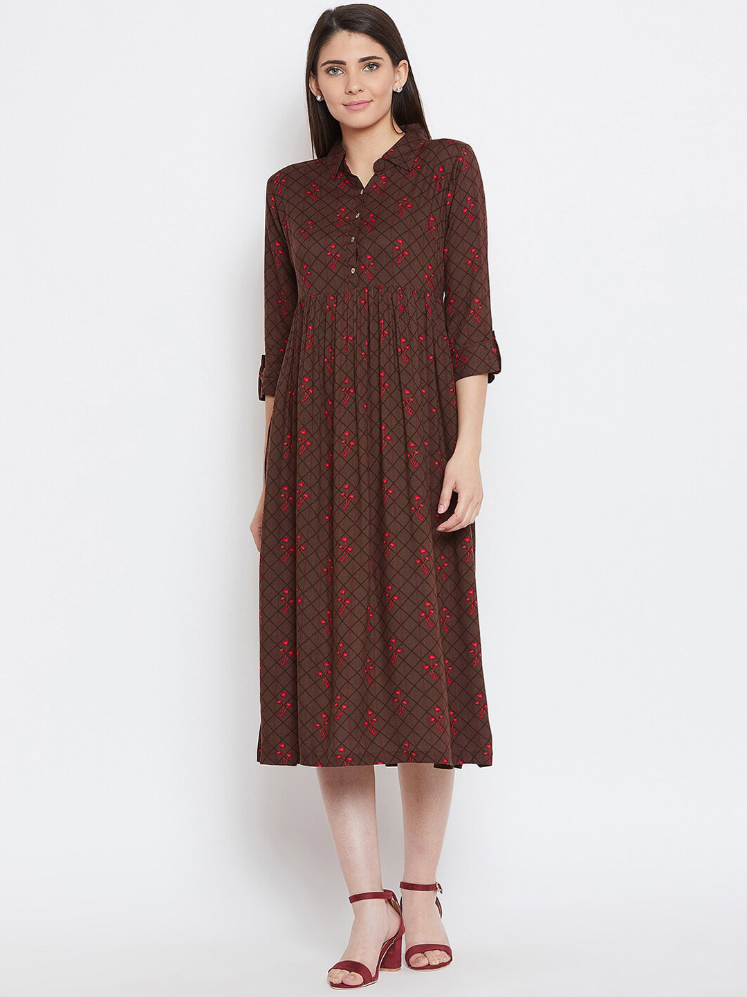 Bitterlime Brown Checked A-Line Dress