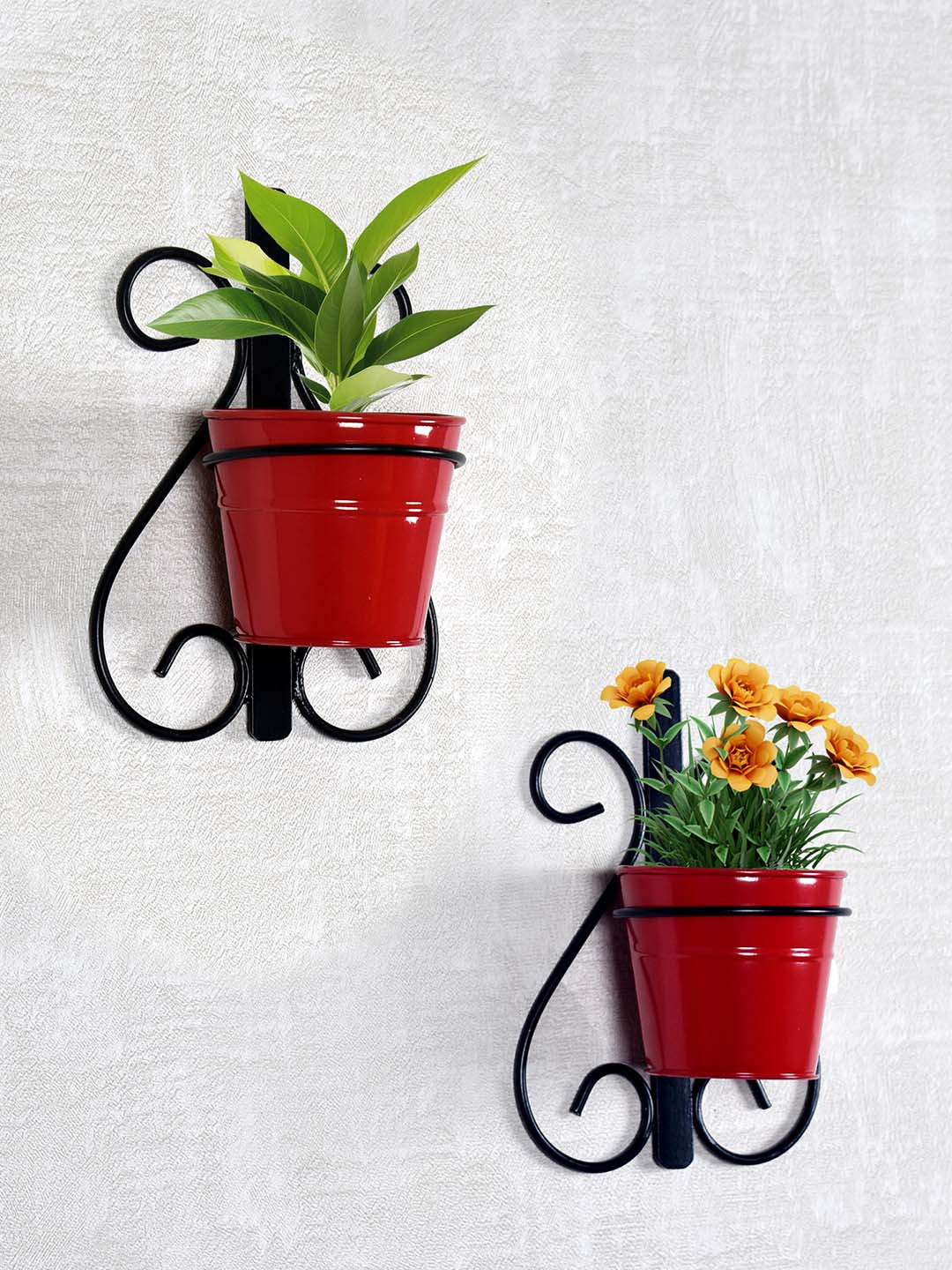 Homesake Set Of 2 Red & Black Wall Scone Metal Wall Planters With Pots
