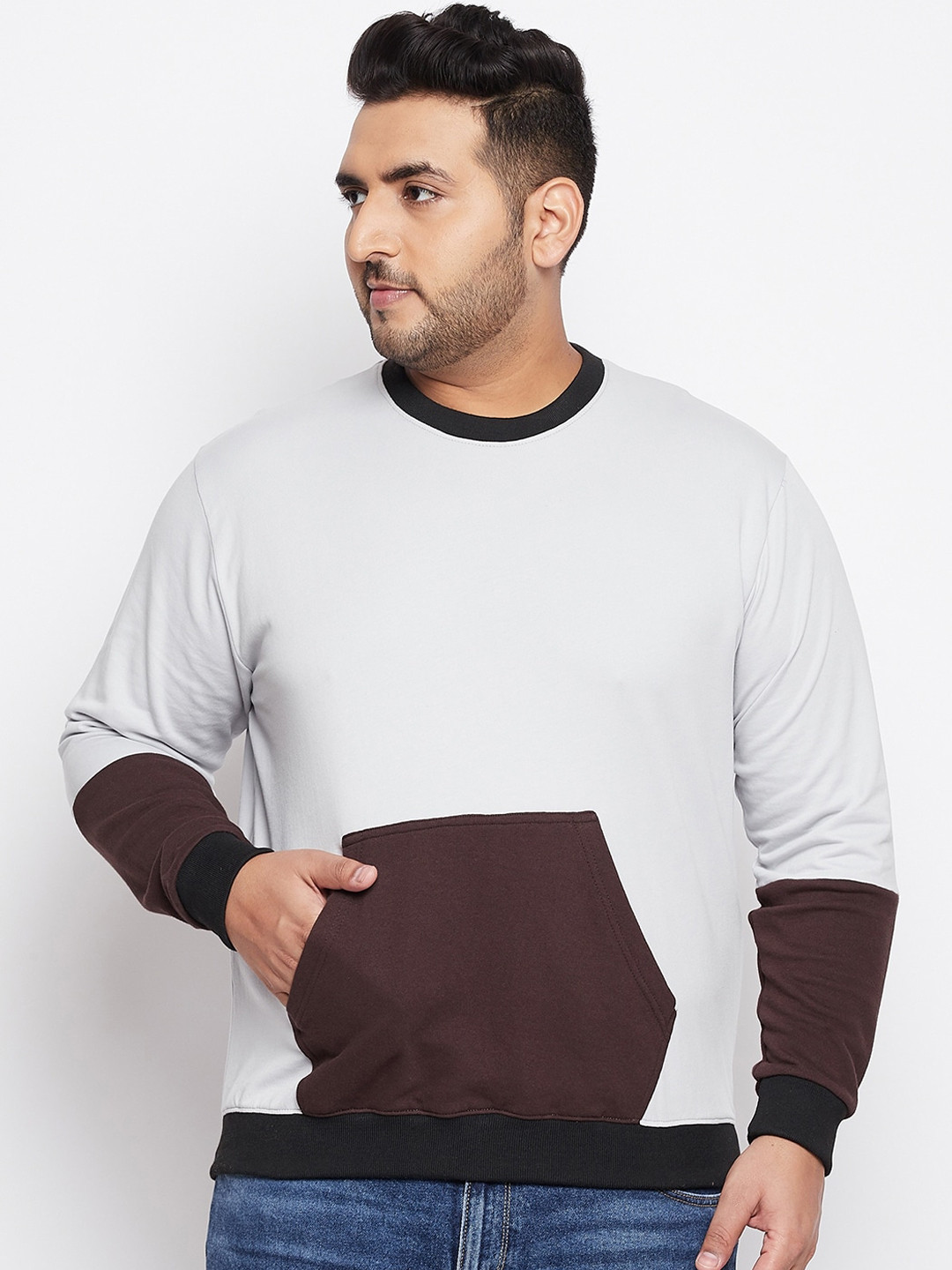 bigbanana Men Grey & Brown Colourblocked Pure Cotton Sweatshirt