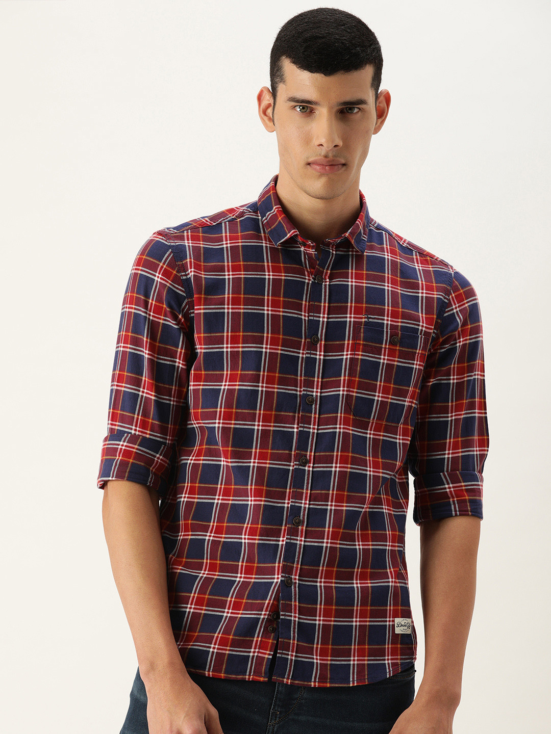 Flying Machine Men Red & Navy Blue Slim Fit Opaque Checked Casual Shirt