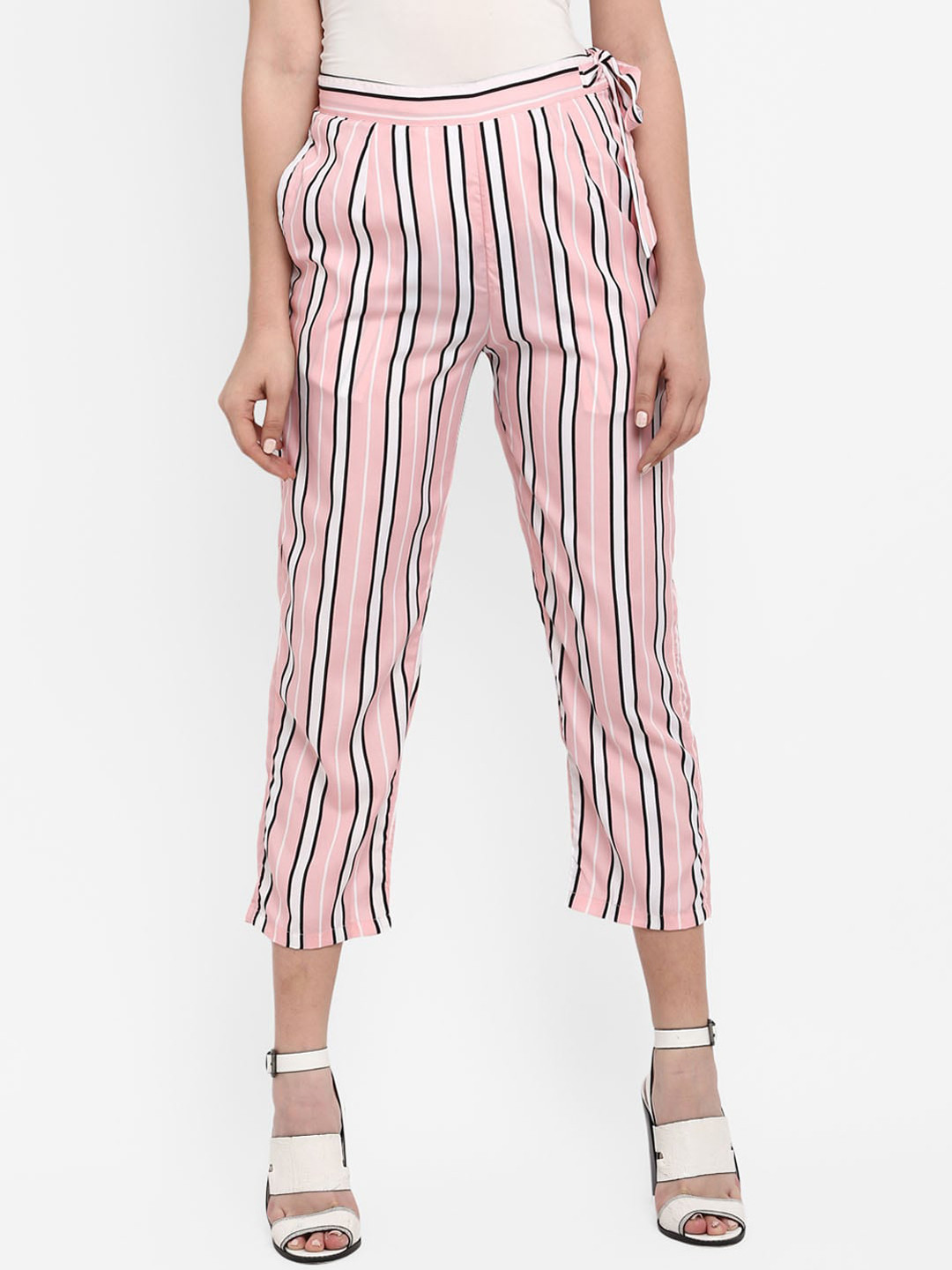 Indietoga Women Pink Striped High-Rise Easy Wash Culottes Trousers
