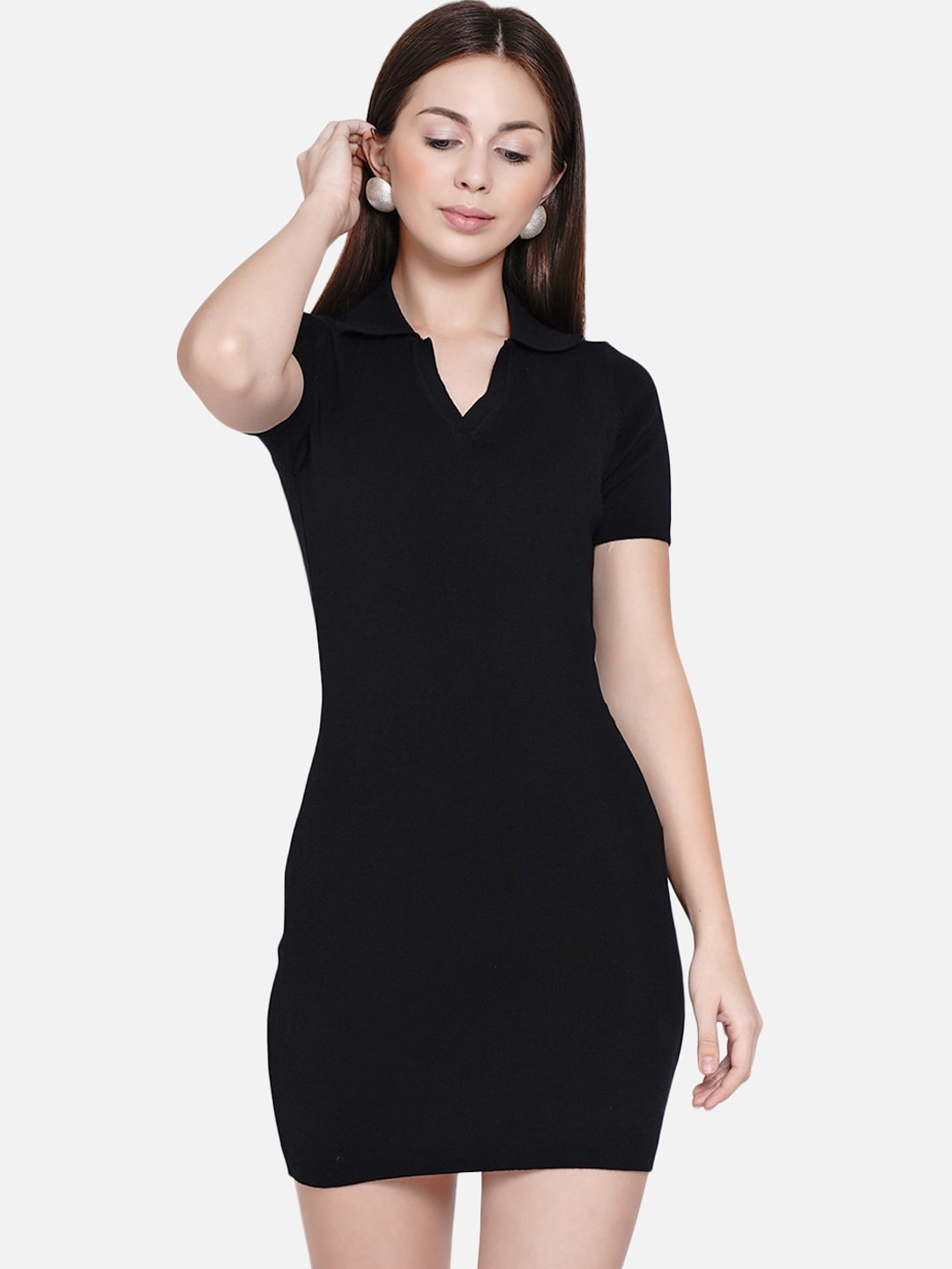 ARMISTO Women Black Solid Knitted Collared Bodycon Dress