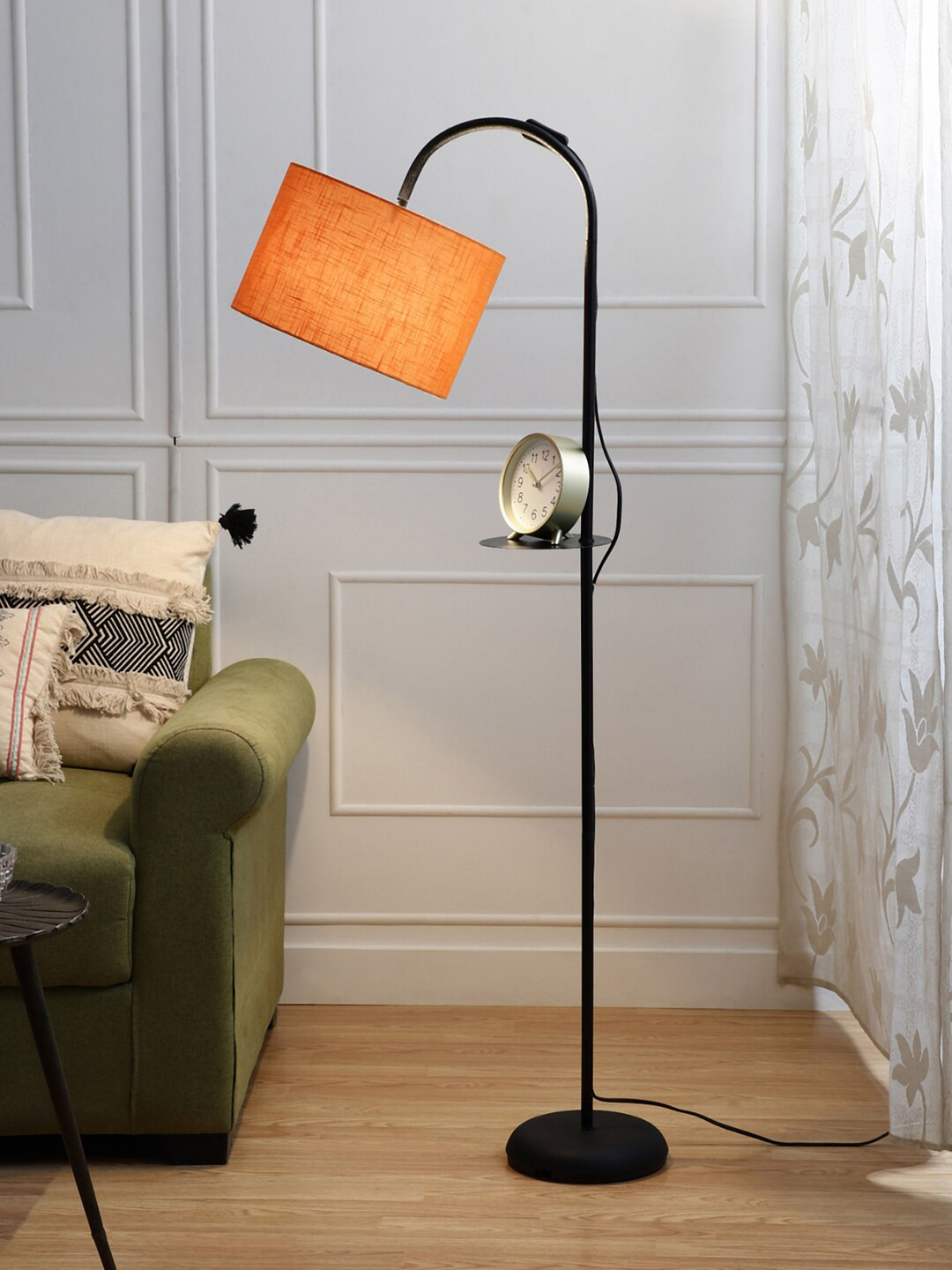 SANDED EDGE Orange Arc Floor Lamp with One Shelf
