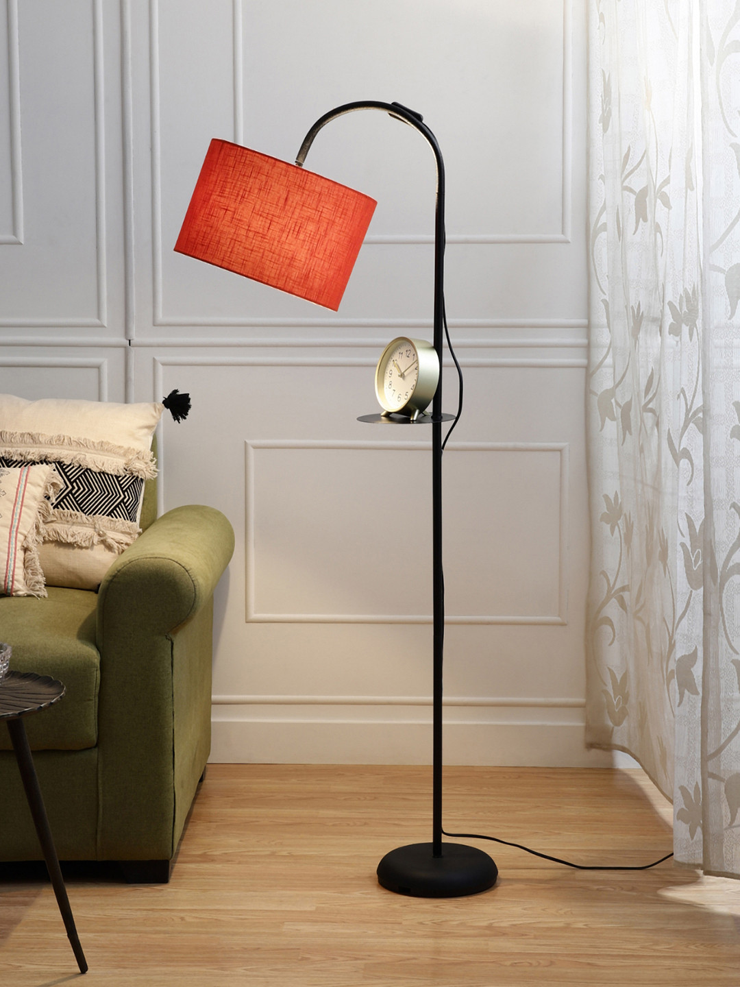 SANDED EDGE Orange Arc Floor Lamp with One Shelf