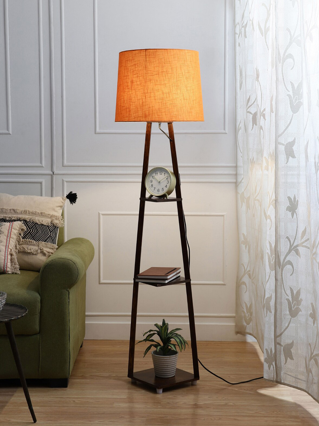 SANDED EDGE Orange & Brown 3 Tier Walnut Hand Finish Floor Magnum Lamp