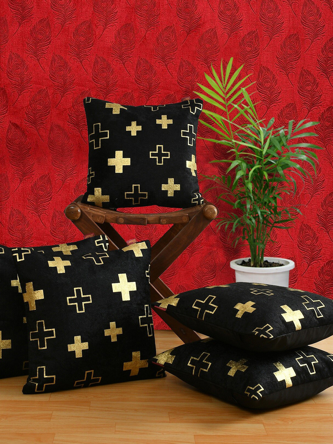 AEROHAVEN Set Of 5 Black & Beige Geometric Velvet Square Cushion Covers