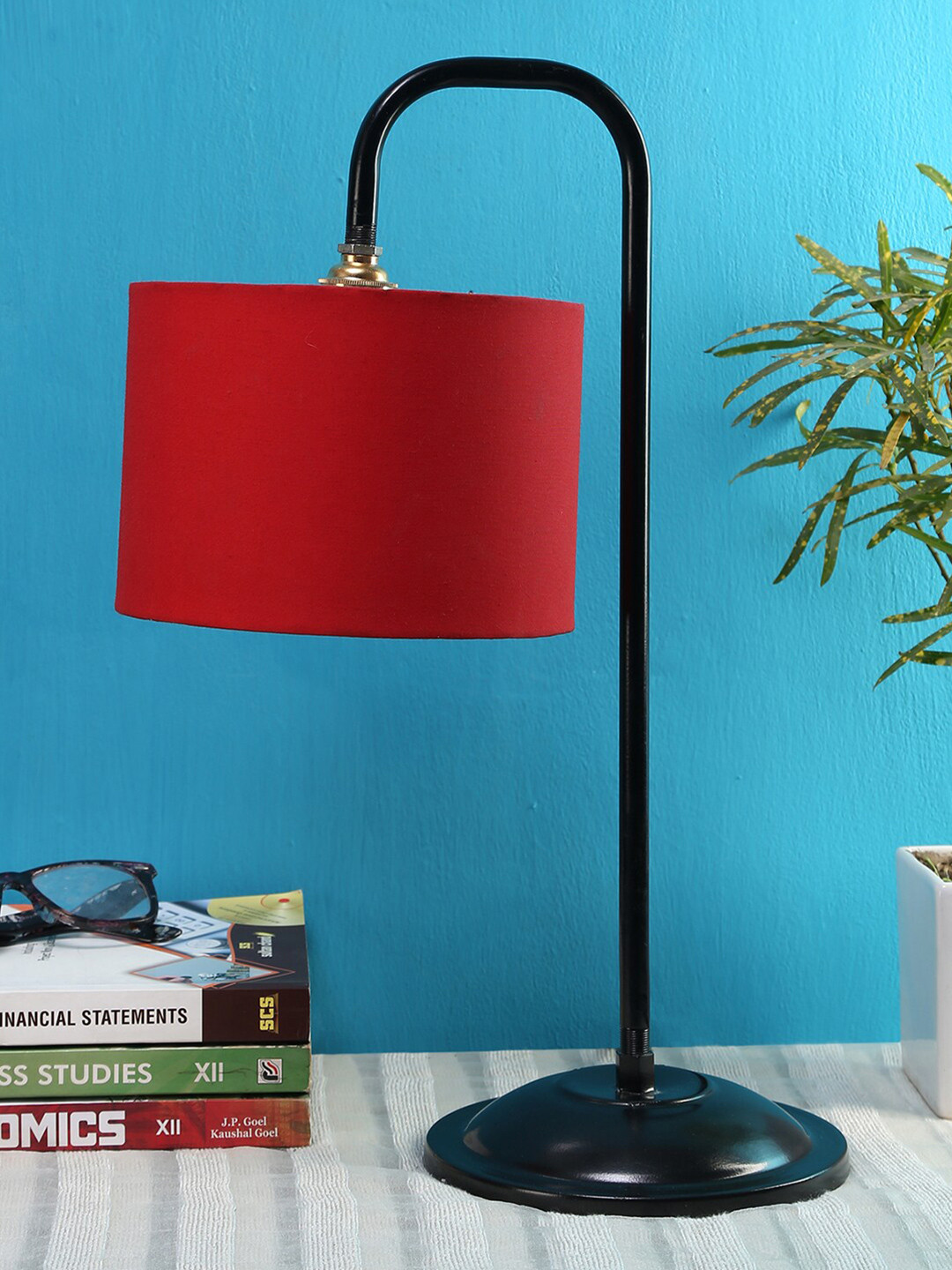 Devansh Red Cotton Drum Shade Iron Table Lamp