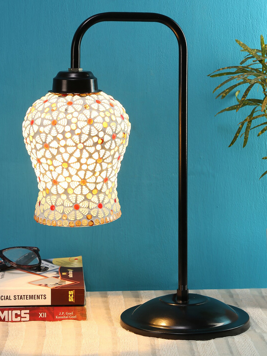 Devansh Gold-Toned & Red Printed Glass Contemporary Table Lamp with Shade