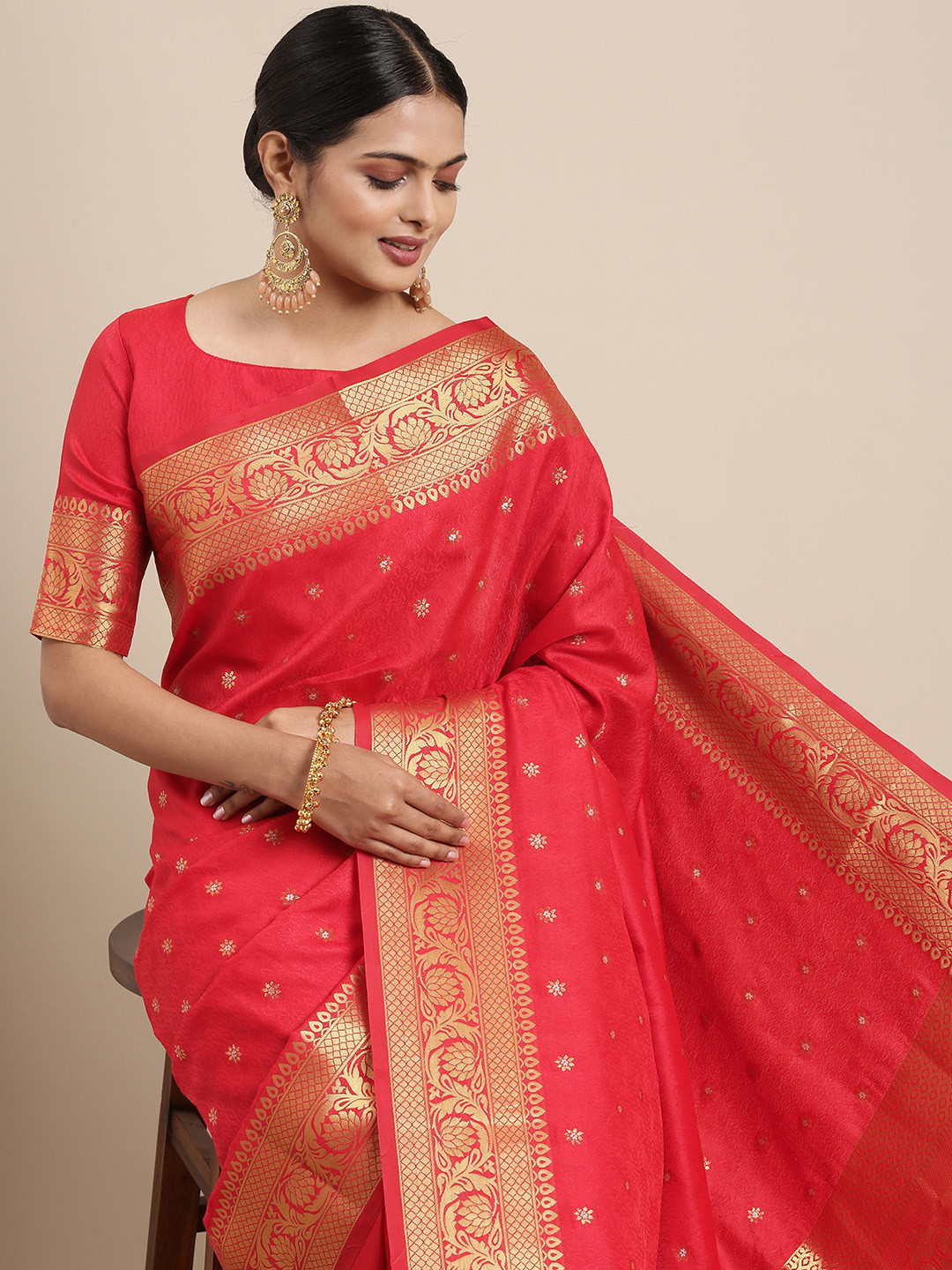 Saree mall Red Ethnic Motifs Zari Silk Blend Banarasi Sarees