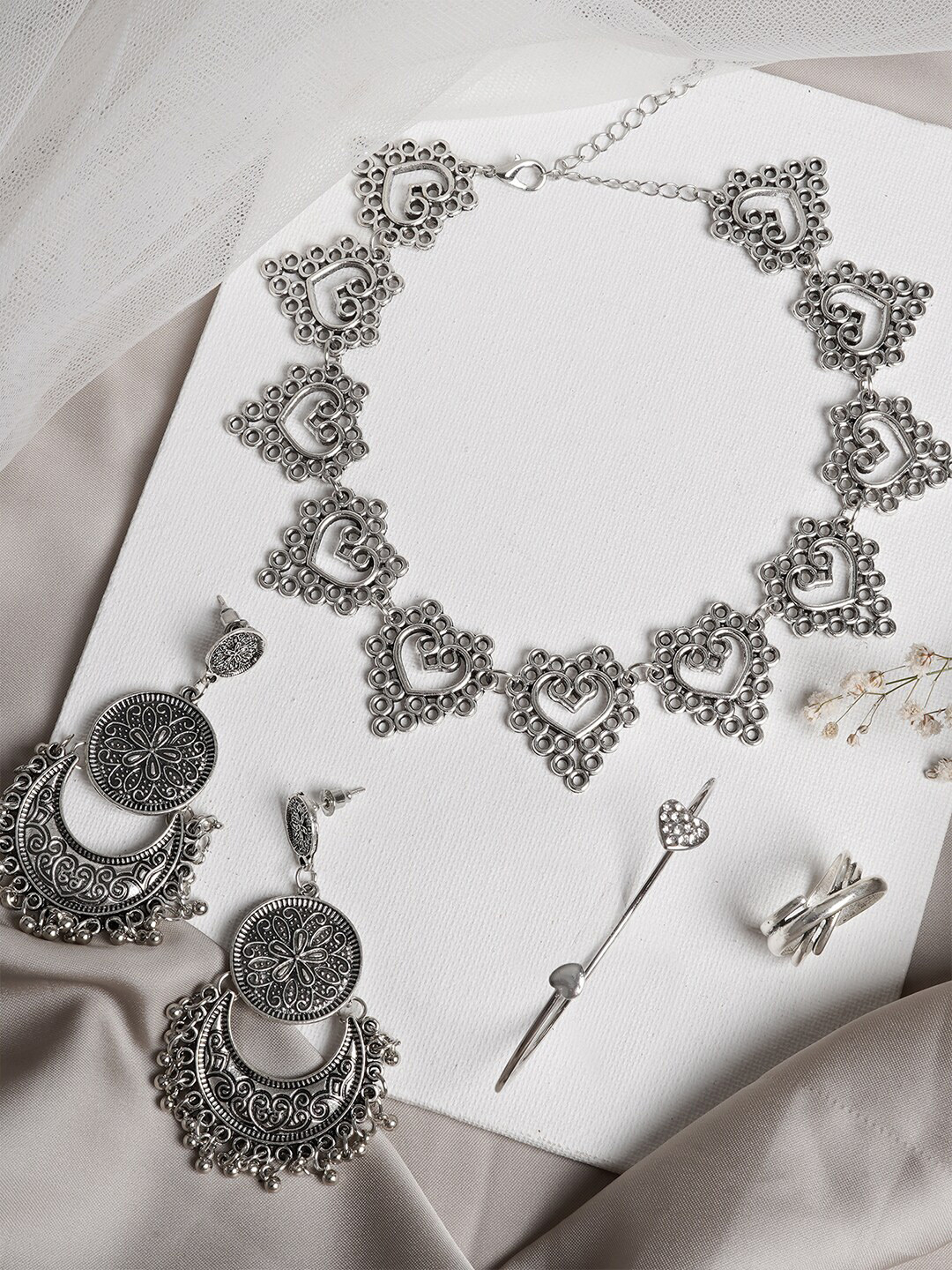 JOKER & WITCH Silver-Toned & White Stone-Studded Trendsetter Jewellery Set