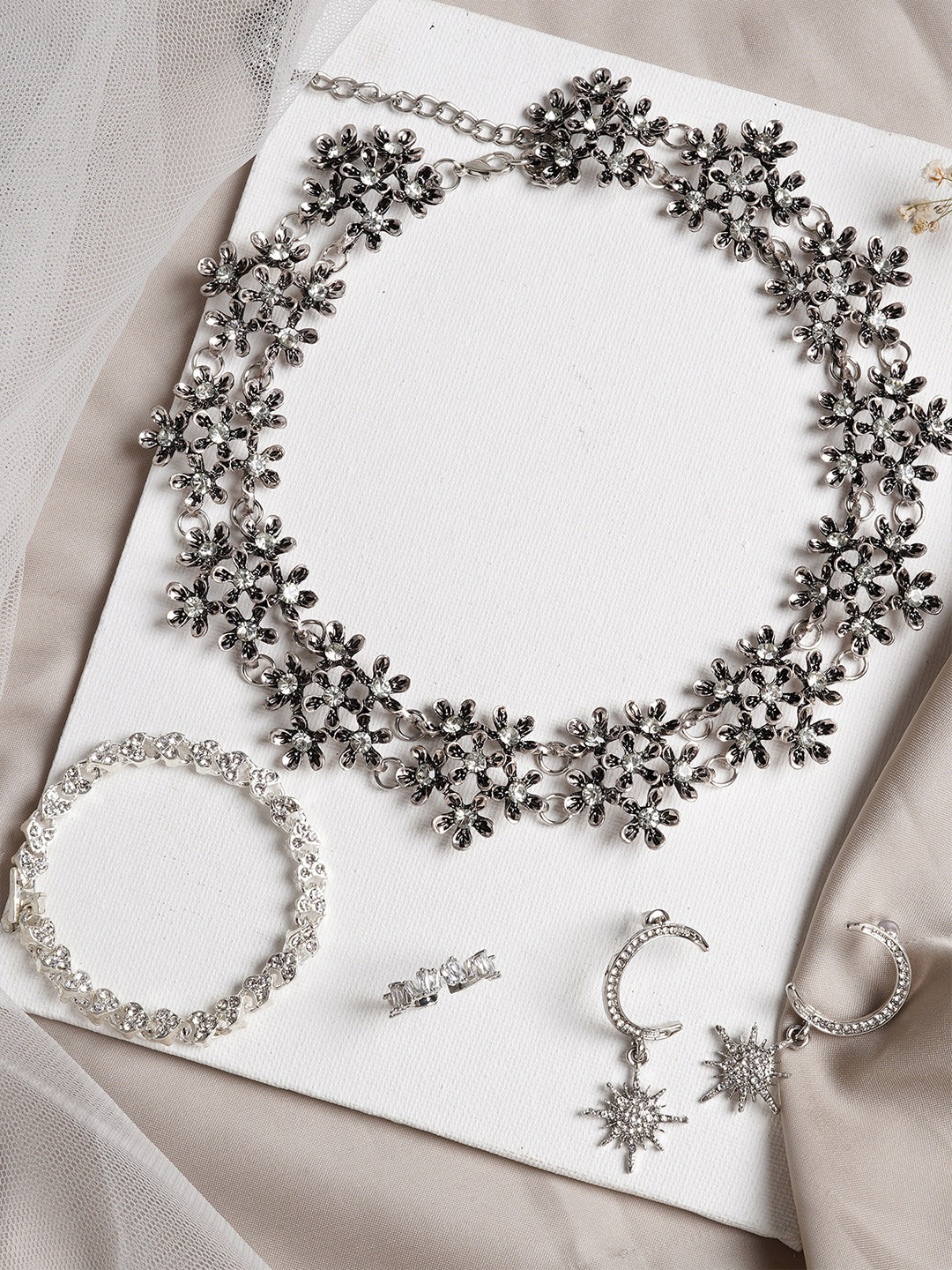 JOKER & WITCH Silver-Toned & White Stone-Studded Bush Jewellery Set