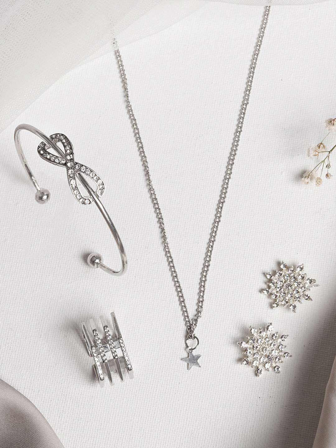 JOKER & WITCH Silver-Toned & White Stone-Studded Deco Jewellery Set