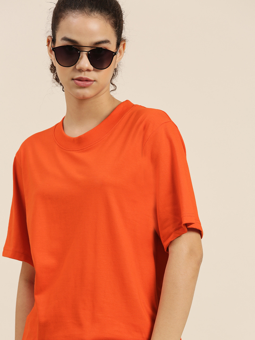 DILLINGER Women Orange Loose Pure Cotton Oversized T-shirt