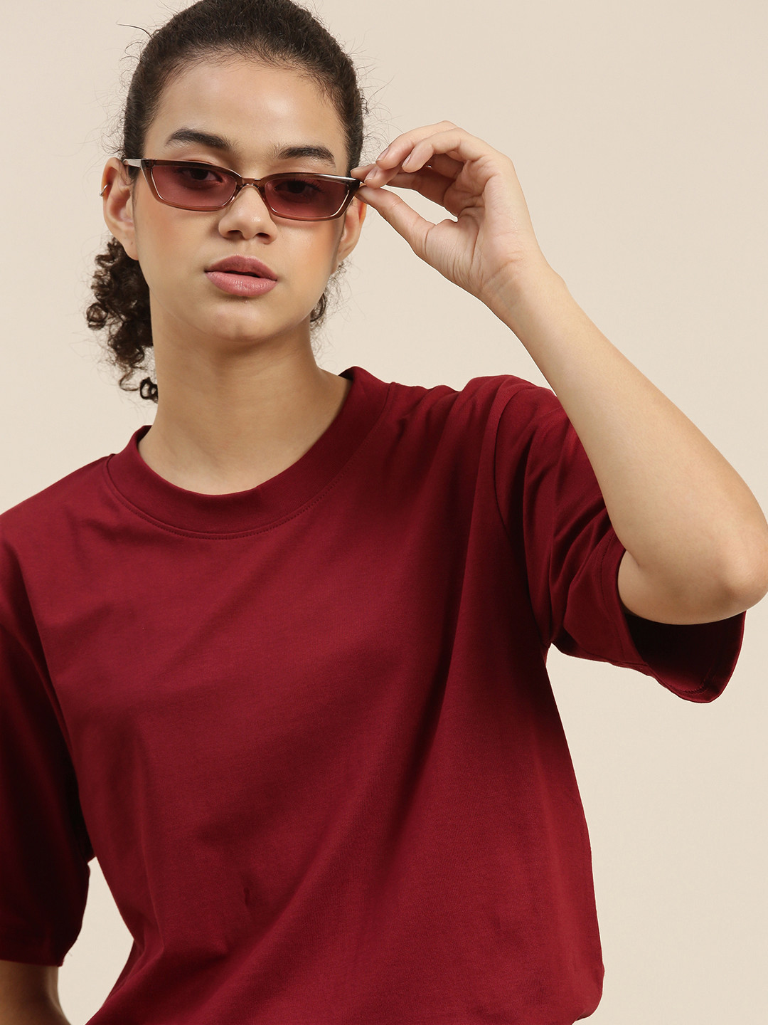 DILLINGER Women Maroon Loose Pure Cotton T-shirt