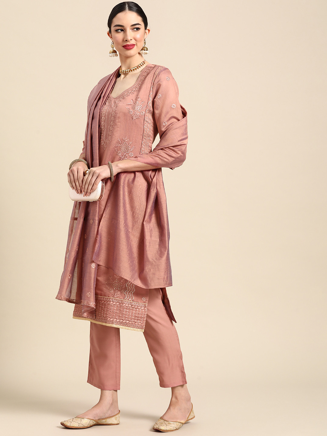Anouk Women Pink Embroidered Regular Chanderi Silk Kurti with Palazzos & With Dupatta