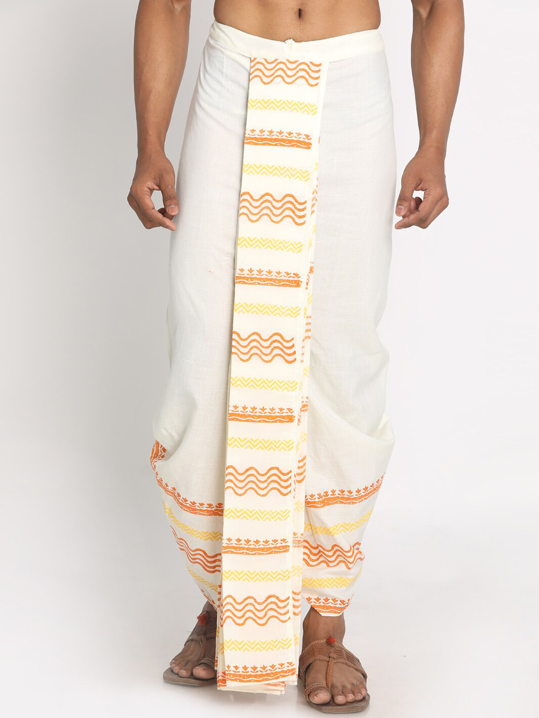 Nakshi Men Cream Cotton Blend Handblock Ethnic Printed Dhoti