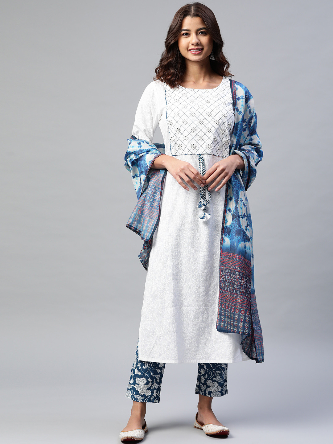 Yuris Women White Yoke Design Mirror Work Pure Cotton Kurta with Trousers & Dupatta