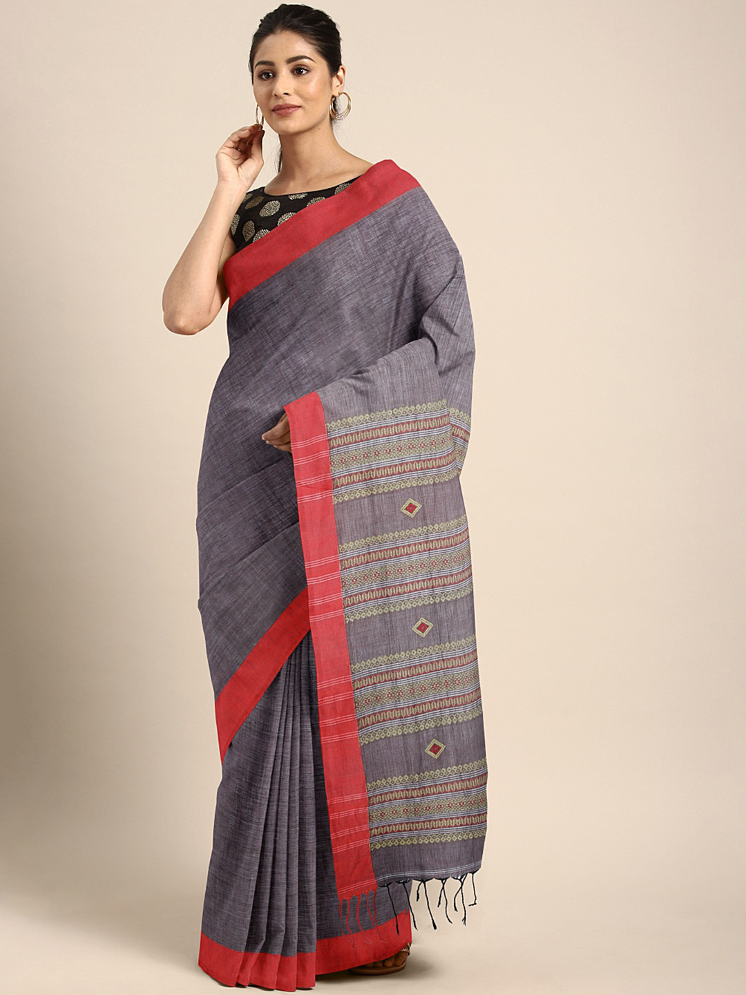 Kalakari India Grey Pure Cotton Jamdani Saree