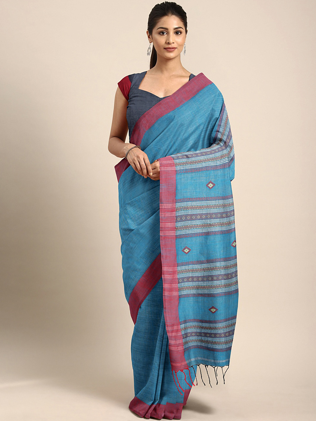 Kalakari India Blue & Burgundy Woven Design Kutchi Embroidery Pure Cotton Jamdani Saree