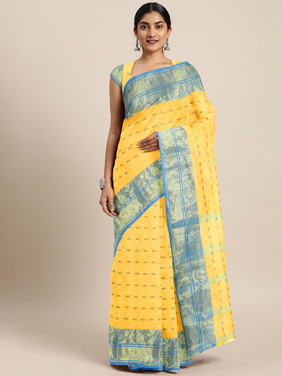 Kalakari India Yellow & Multicoloured Woven Design Silk Cotton Taant Saree