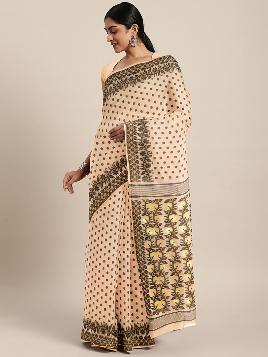 Kalakari India Gold-Toned & Black Floral Silk Cotton Jamdani Saree