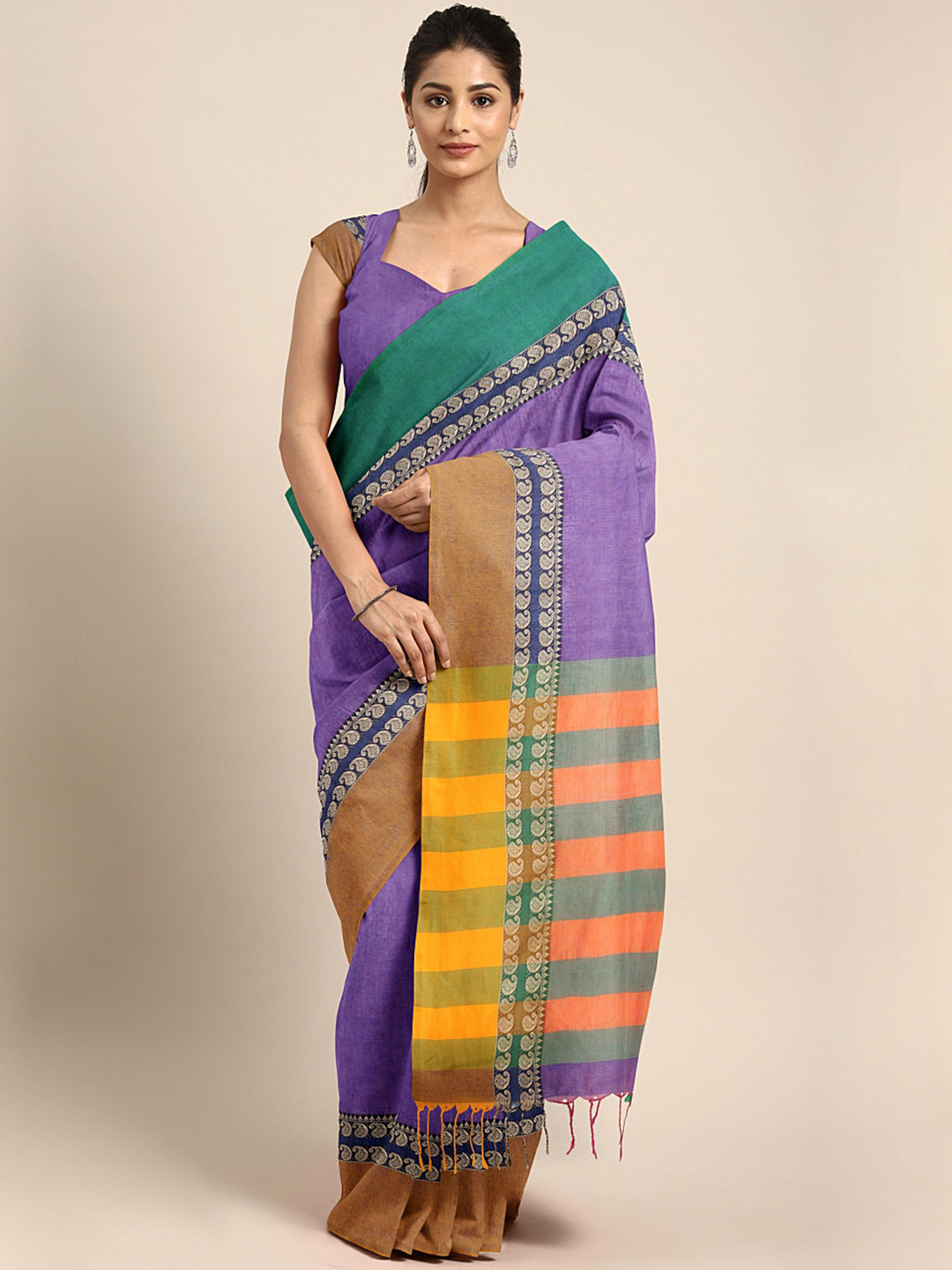 Kalakari India Purple & Yellow Woven Design Kutchi Embroidery Pure Cotton Jamdani Saree